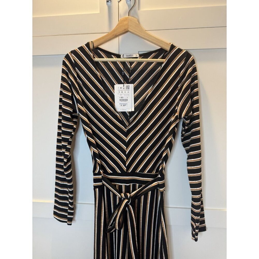 NWT Pull & Bear Black Striped Wide Leg Knit Jumpsuit Sz S Boho Festival - Picture 3 of 8